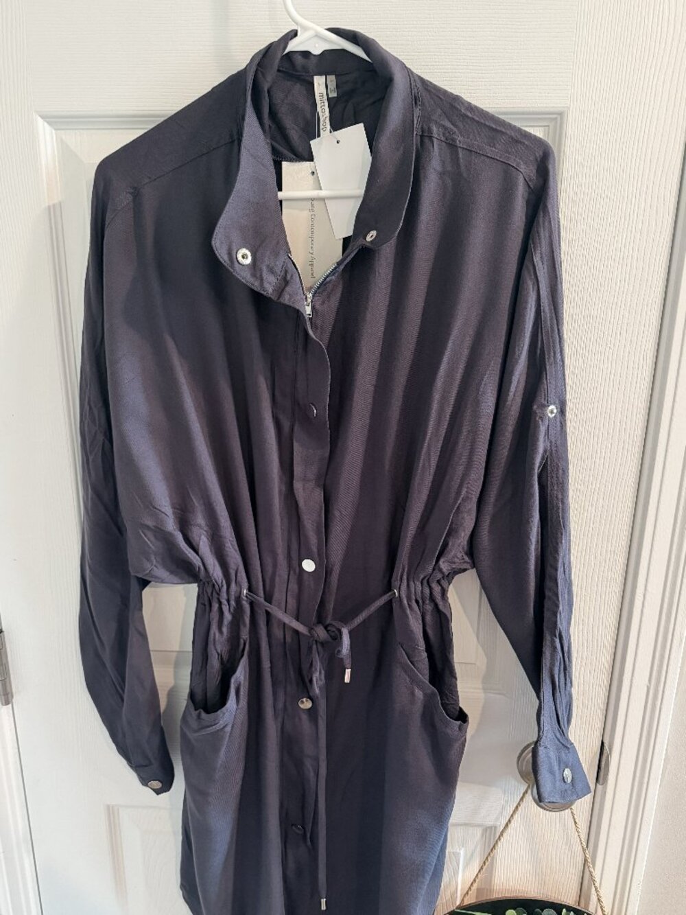 Mittonshop Women's Large Navy Casual Dress Zip Button Up Long Sleeve